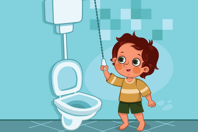 Cartoon of child flushing a toilet
